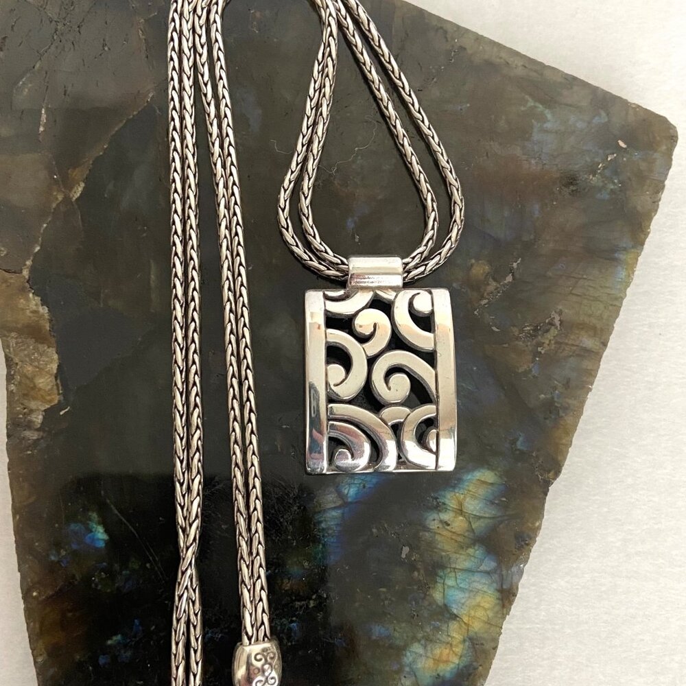 Brighton Deco Lace Silver Plated Scrollwork Pendant Necklace 18" Wheat Chain
